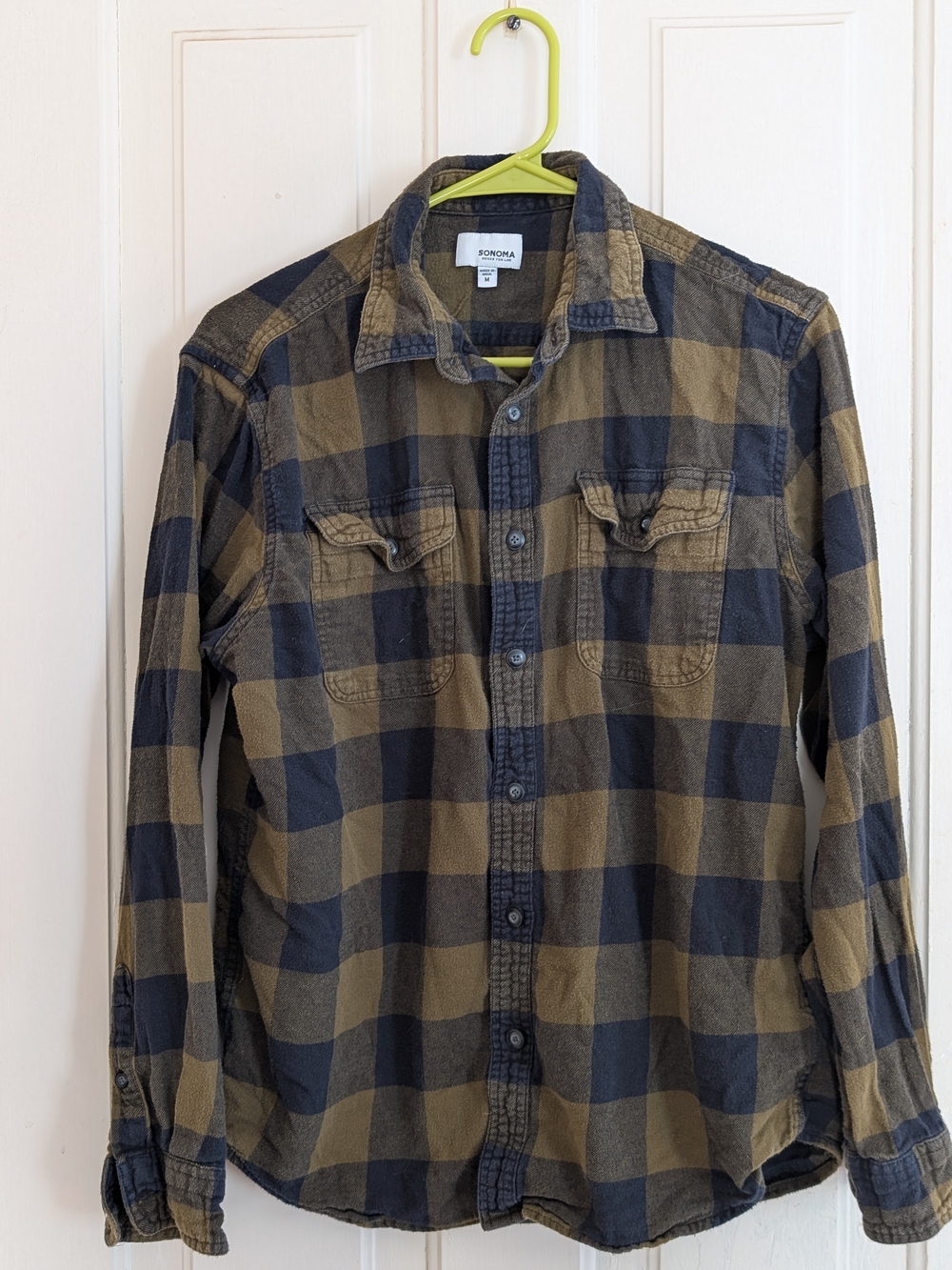 Men's Sonoma Olive and Black Plaid Button-Down Flannel Shirt Size M